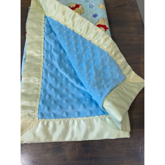 Vintage Winnie The Pooh Baby Blanket Satin Trim Blue and Yellow/Green - Picture 2 of 4